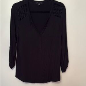 Classic Black 3/4 Sleeve V-Neck Top With Crochet Detail
